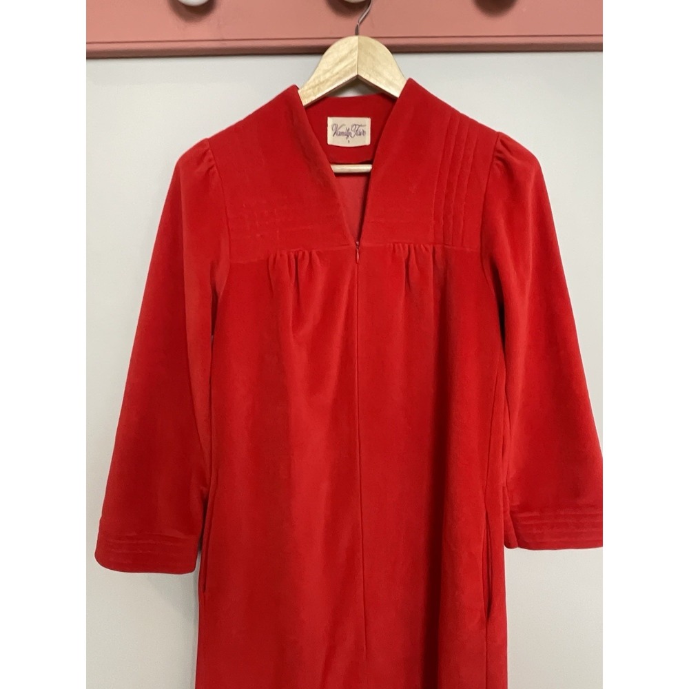 VTG Vanity Fair Robe Long Velour Lace Half Zip Up Red Granny Cottage Size 8 - Picture 4 of 6